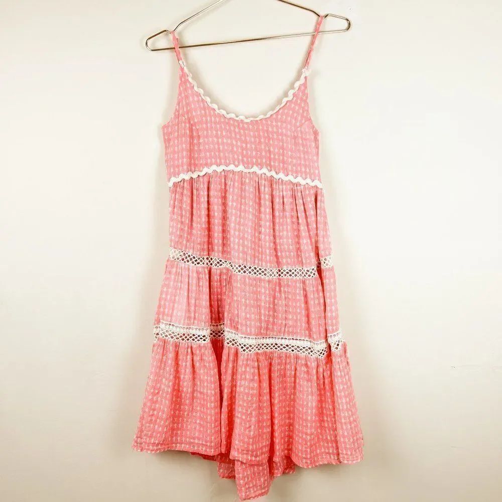 Guadalupe Designs Pink White Crochet Detail Tiered Midi Spaghetti Strap Dress